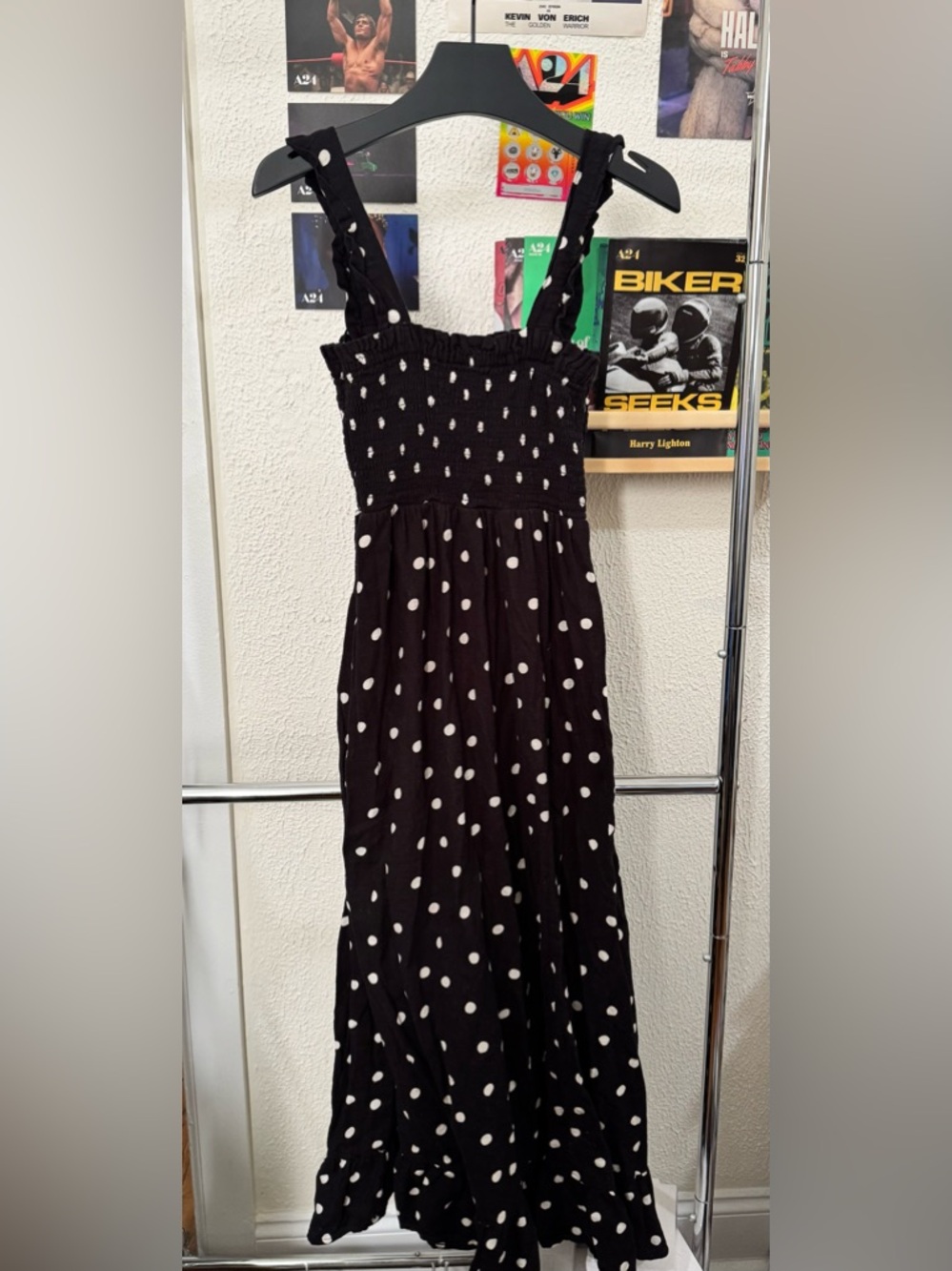 Primark Black Polka Dot Midi Dress Smocked Bodice Ruffle Straps
